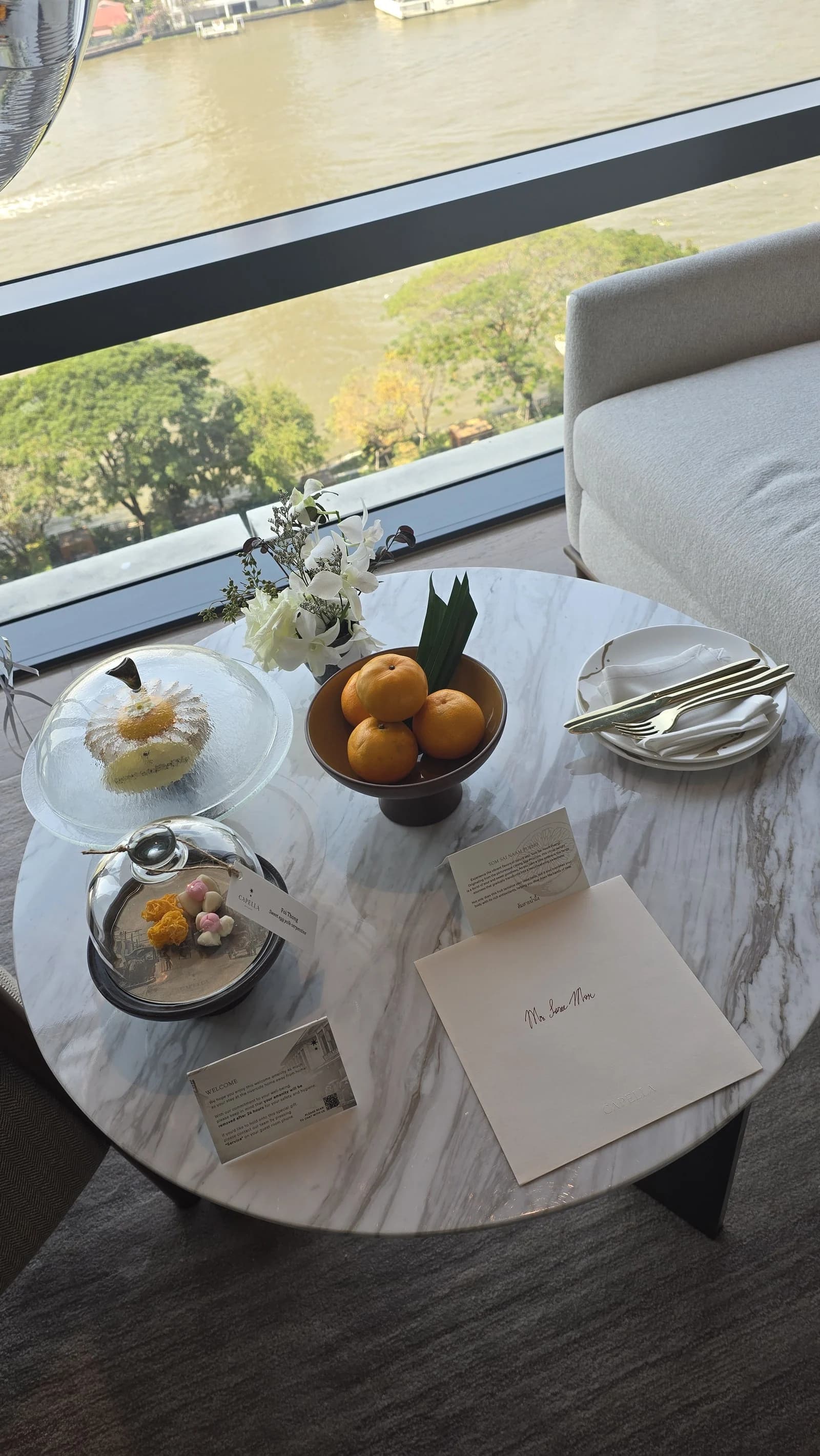Welcome amenity table inside the Capella Bangkok room